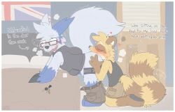 anal anthro clothing duo generation_3_pokemon graedius_(artist) kneeling leaning leaning_forward looking_back male male/male mammal nintendo open_mouth open_smile oral pokemon pokemon_(species) procyonid raccoon raised_tail rimming sex side_view smile tail zangoose