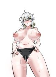 1girls big_breasts blue_eyes blush breasts cat___nip cum cum_in_panties female inverted_nipples kromer_(limbus_company) leaking_cum limbus_company open_mouth partially_clothed presenting project_moon pubic_hair pussy smile standing sweat thick_thighs two_tone_hair white_background white_hair yellow_hair