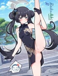 black_gloves blue_archive bottomless butterfly_hair_ornament china_dress chinese_clothes double_bun dress female gloves hair_bun hair_ornament halo hand_on_own_leg highres kisaki_(blue_archive) leg_up long_hair looking_at_viewer pussy rakuaki split standing standing_on_one_leg standing_split uncensored very_long_hair