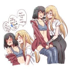2girls anjuro_zeeku black_hair blonde_hair blue_eyes blush breasts breath closed_eyes clothes_pull collarbone drooling english_text eye_contact female fingering fingering_through_clothes grey_sports_bra heterochromia highres implied_fingering kamikoshi_sorawo long_hair looking_at_another medium_breasts multiple_girls nishina_toriko oerba_yun_fang open_mouth otherside_picnic pants pants_pull shirt short_hair simple_background smile speech_bubble sports_bra sweat t-shirt through_clothes transparent_hand urasekai_picnic white_background yuri