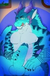 absurd_res animal_humanoid anthro aroused ball balls big_balls big_penis blue_body bodily_fluids claws cum cum_drip cum_on_penis dracony dragon dragon_humanoid dragonite dripping feral fur generation_1_pokemon genital_fluids genitals green_eyes hair hi_res horn humanoid hybrid long_hair male multicolored_body multicolored_fur muscular muscular_anthro muscular_male mythological_creature mythological_scalie mythology nicoysita nintendo penis pokemon pokemon_(species) precum scalie solo tongue tongue_out vein veiny_penis