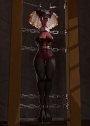 2025 3d_(artwork) absurd_res anthro avian blue_eyes bondage bound breasts captured chained chains claws collar digital_media_(artwork) falconfeather fangs female genitals hi_res horn hybrid metal_collar mythology nipples nude reptile scalie slave smile snake solo striped_body stripes tail teeth viper viperfang