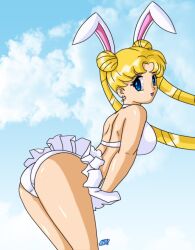 1990s_(style) 1girls adult_swim alluring animal_ears arched_back ass bending_forward bishoujo_senshi_sailor_moon bishoujo_senshi_sailor_moon_r bishoujo_senshi_sailor_moon_r_the_movie bishoujo_senshi_sailor_moon_s bishoujo_senshi_sailor_moon_s_the_movie bishoujo_senshi_sailor_moon_supers bishoujo_senshi_sailor_moon_supers_the_movie blonde_hair blue_eyes breasts cloud desingahv earrings female female_focus jewelry leaning_forward looking_back medium_breasts outside pleated_skirt rabbit_ears retro_artstyle sailor_moon skindentation skirt sky smile solo toei_animation toonami twintails usagi_tsukino