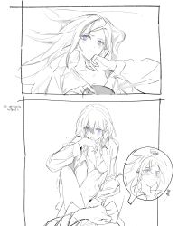 2girls absurdres after_cunnilingus artuvia blue_eyes blush bottomless bra breasts cleavage closed_mouth collared_shirt edelgard_von_hresvelg female female_byleth_(fire_emblem) fire_emblem fire_emblem:_three_houses greyscale highres licking_own_finger medium_breasts monochrome multiple_girls open_clothes open_shirt purple_eyes pussy pussy_juice_on_face shirt spot_color squiggle sweat tongue tongue_out twitter_username underwear yuri