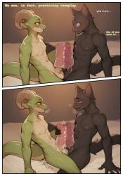 ai_assisted ai_generated anthro anthro_on_anthro arm_support bed big_penis black_body blue_eyes blush border breath comic comic_page dialogue domestic_cat double_penetration duo embarrassed english_text eye_contact felid feline felis frottage furniture genitals green_body hi_res horn jack_the_kobold kobold looking_at_another looking_at_genitalia looking_at_partner looking_at_penis lube male male/male mammal masturbation motion_lines multicolored_body mutual_masturbation nipples nonimousmate nude on_bed orange_eyes penetrable_sex_toy penetration penile penile_masturbation penis sex sex_toy simple_background sitting smile smug sound_effects text thrusting tom_the_cat touching_tips two_tone_body whiskers