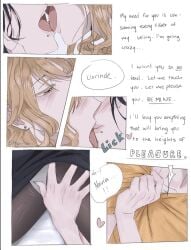 2girls 4p5h black_pantyhose blonde_hair blue_eyes clorinde_(genshin_impact) commentary earrings english_text face_piercing fingering fingering_through_clothes fingering_through_panties french_kiss genshin_impact hashtag-only_commentary jewelry kissing lip_piercing long_hair multiple_girls navia_(genshin_impact) panties panties_under_pantyhose pantyhose piercing purple_hair saliva speech_bubble stud_earrings through_clothes tongue tongue_out tongue_piercing underwear white_panties yuri