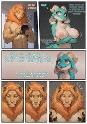 ai_assisted ai_generated anthro big_breasts breast_rest breasts comic comic_page crossed_arms dialogue duo felid female floppy_ears frown fur furred_kobold hi_res horn kobold lion looking_at_object looking_at_phone male male/female mammal mane maria_(nonimousmate) max_(nonimousmate) nipples non-mammal_nipples nonimousmate nude orange_eyes orange_mane pantherine surprise taking_picture