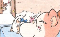 1girls 2boys bijou blowjob caught door hamster hamtaro hamtaro_(series) licking_penis maxwell_(hamtaro) roy_mccloud traditional_media_(artwork)