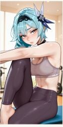 1girls ai_generated arm_on_knee barefoot blue_hair breasts choker cleavage eula_(genshin_impact) feet female genshin_impact gym hair_ornament hairband head_tilt hoyoverse indoors knee_up looking_at_viewer medium_breasts midriff mihoyo multicolored_eyes navel perfect_body purple_eyes relaxing sexy short_hair sitting skinny solo sports_bra suggestive tight_clothing yellow_eyes yoga_pants