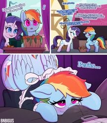 absurd_res accessory blue_body blue_feathers blue_fur blush bnbigus bulge carrot clothed clothing comic crotch_sniffing dialogue duo english_text equid equine feathered_wings feathers female feral food friendship_is_magic frilly frilly_accessory frilly_hairband fur genitals hair hair_accessory hairband hasbro hi_res looking_at_viewer maid_uniform male mammal multicolored_hair multicolored_tail my_little_pony mythological_creature mythological_equine mythology pegasus plant rainbow_dash_(mlp) rainbow_hair rainbow_tail rarity_(mlp) smile sniffing spreading tail text uniform vegetable wings