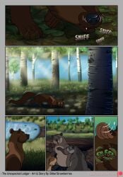 beaver bitterstrawberries buckteeth claws comic dam daughter_(lore) ear_tuft ear_twitch echo_(bitterstrawberries) father_(lore) father_and_child_(lore) father_and_daughter_(lore) female fisher_(animal) forest gulonine hi_res husq_(bitterstrawberries) lake leaves_on_ground male mammal mustelid musteline parent_(lore) parent_and_child_(lore) parent_and_daughter_(lore) plant rodent sniffing teeth tree tuft water