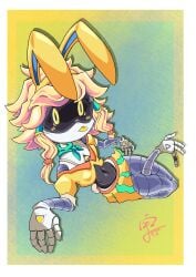 blonde_hair bunny_ears bunnysuit crushing linjian71143812 murder_drones robot thick_thighs tongue_out