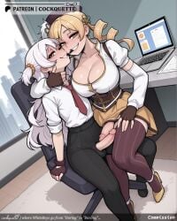 2futas 2girls ai_generated balls bench beret biting black_gloves black_legwear blonde_hair blush boots breast_press breasts brown_gloves cleavage cockquette collarbone corset cosplay desk drill_hair erection female fingerless_gloves foreskin futa_with_female futanari gloves grin ground_vehicle hair_ornament hat intersex keyboard_(computer) large_breasts large_testicles long_hair momoe_nagisa monitor multiple_girls office_lady penis pinstripe_pattern pleated_skirt scrunchie short_twintails shorts sitting skirt smile striped striped_legwear tagme testicles thighhighs thighs tomoe_mami twin_drills twintails uncircumcised vertical-striped_legwear vertical_stripes white_hair yellow_eyes yellow_skirt zettai_ryouiki