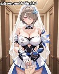 1boy 1girls ai_generated artifical_art black_gloves breasts bride brown_hair elbow_gloves female first_person_view gloves hair_ornament hair_over_eyes hair_over_one_eye honkai_(series) honkai_impact_3rd hoyoverse large_breasts light-skinned_female light_skin male mihoyo perfect_body pink_eyes pov rita_rossweisse short_hair watermark white_gloves