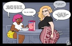 2d 2girls black_hair blonde_hair concentration digging_up_in_they_ass disgusted eating fat_ass female_only food forbidden_pants kitchen meme nickelodeon oc oddtenn spongebob_squarepants tenuousoddity text text_bubble thick_thighs