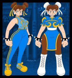 1girls bodysuit brown_hair chun-li clothed female female_only fully_clothed hair_bun koekepeer_99 looking_at_viewer multiple_angles smile solo standing street_fighter