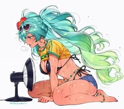 1girl belly belly_button big_breasts big_thighs bikini blue_eyes blue_hair brazil brazilian brazilian_female brazilian_flag brazilian_miku breasts denim denim_shorts fan female female_only flower flower_in_hair hatsune_miku highres latin_american_hatsune_miku_(meme) panting qiandaiyiyu ripped_shorts shirt_lift simple_background sweat sweatdrop sweating sweaty thick_thighs thighs vocaloid