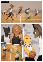 ai_assisted ai_generated anthro asinus avian basketball basketball_court bill_(nonimousmate) bottomwear clothing comic comic_page dialogue domestic_cat donkey duke_(nonimousmate) equid equine felid feline felis gecko greg_(nonimousmate) group hi_res jack_the_kobold kobold lion lizard male mammal max_(nonimousmate) nonimousmate pantherine reptile running scalie shorts sport sportswear tom_the_cat