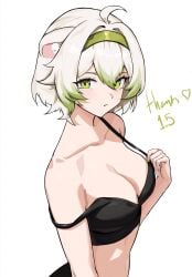 1girls ahoge animal_ears bra breasts cleavage female female_only ferret_girl green_eyes green_hair hairband indie_virtual_youtuber laimu lingerie looking_at_viewer medium_breasts medium_hair petite posing sexy solo strap_slip teasing ttsyrene undressing virtual_youtuber vtuber white_hair