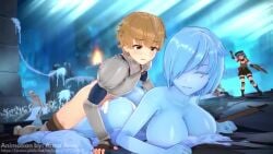 1boy 1boy1girl 2girls 3d ambiguous_penetration animated anna_anon blue_skin clothed clothed_male_nude_female clothing creampie cum female femboy gameplay_mechanics half-dressed knight koikatsu male monster_girl no_pants no_sound original_character penetration sex sex_from_behind slime slime_girl smaller_male tagme video