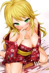 ahoge barefoot blastbeat blonde_hair blush breasts cleavage female green_eyes hoshii_miki idolmaster idolmaster_2 japanese_clothes kimono long_hair looking_at_viewer obi off_shoulder reflection sitting solo tongue wariza wet