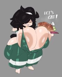 big_areola big_ass big_breasts big_nipples big_thighs chicken closed_eyes curvy dark_hair female_only food hair_over_one_eye huge_breasts huge_nipples huge_thighs large_areolae large_breasts large_nipples light-skinned_female mellow_(ray54612277) plump plump_ass ponytail ray54612277 revealing_clothes shortstack smile voluptuous voluptuous_female
