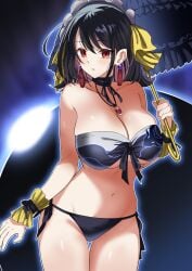 1girls bikini black_hair blush breasts collar demon demon_girl earrings female fringe huge_breasts konami looking_at_viewer maid navel open_mouth panties parasol pose red_eyes ribbon short_hair solo synchroman underwear underworld_goddess_of_the_closed_world yu-gi-oh!