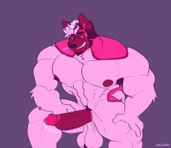 2022 absurd_res akita american_akita anthro armpit_hair artist_name balls bau_(melaisen) big_muscles big_pecs big_penis bodily_fluids body_hair breath brown_armpit_hair brown_body brown_face brown_facial_hair brown_fur brown_goatee brown_nipples brown_penis canid canine canis circumcised crouching domestic_dog dripping facial_hair fur genital_fluids genitals glans goatee grin hair hi_res male male_anthro mammal melaisen multicolored_body multicolored_fur muscles muscular muscular_anthro muscular_male nipples nude_anthro nude_male pecs penis pink_body pink_fur pink_hair portrait precum precum_drip purple_background saggy_balls simple_background smile solo sound_effects spitz teeth text three-quarter_portrait vein veiny_penis