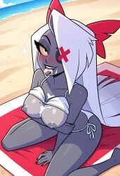 ai_generated beach beach_background beach_towel bikini bikini_top bikini_top_lift bra_lift cum cum_in_mouth cum_on_breasts cum_on_face hazbin_hotel vaggi_(hazbin_hotel) vaggie vaggie_(hazbin_hotel) vivienne_medrano vivziepop wariza