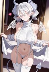 1girls :3 ai_generated bed blair_incognita blush breasts demon demon_girl demon_horns demon_tail duel_monster earrings female focus fringe heart hi_res huge_breasts konami labrynth_of_the_silver_castle legwear looking_at_viewer lovely_labrynth_of_the_silver_castle navel outfit panties princess seductive_smile smile solo tail thighs twintails underwear virgin_destroyer_sweater virgin_killer_outfit wings yu-gi-oh!