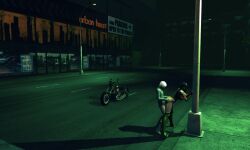 1boy1girl 3d 3d_(artwork) 3d_render ass ass_grab bike black_hair breasts building dark-skinned_female dark-skinned_male doggy_style female honey_select honey_select_2 jade_(mortal_kombat) long_hair male male/female masked masked_female motorcycle movie_reference night penetration road shaded short_hair standing_sex street streetlight vehicle white_hair