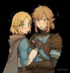 1boy 1girls blush canon_couple caught clothed female french_kiss french_kissing interrupted kissing link link_(tears_of_the_kingdom) male princess_zelda saliva tears_of_the_kingdom trance uni_520 unzipping zelda_(tears_of_the_kingdom)
