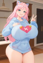 1girls ai ai2u ai_generated alternate_body_type big_breasts big_hips big_thighs blue_hoodie breasts breasts_bigger_than_head cat_ears cat_girl catgirl curvy eddie_(ai2u) female giant_breasts heart_symbol hips hoodie huge_breasts human hyper_breasts light_skin long_hair long_hair_female long_sleeves looking_at_viewer neko neko_girl peace_sign pink_hair pink_hair_female smiling solo thick_thighs v-sign v_sign voluptuous