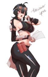 abrokedrawer absurdres ahoge black_hair black_pants breasts crop_top feet_out_of_frame female goggles goggles_on_head grace_howard highres large_breasts leggings looking_at_viewer midriff navel open_mouth pants short_hair simple_background solo sports_bra standing stomach white_background zenless_zone_zero