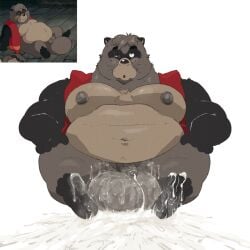 2025 anthro balls belly big_balls big_belly bodily_fluids canid canine cum cum_on_balls cum_on_feet cum_on_penis feet furrypickles genital_fluids genitals ghibli gonta_takagamori hi_res male mammal moobs nipples overweight overweight_male penis pom_poko raccoon_dog sitting solo tanuki