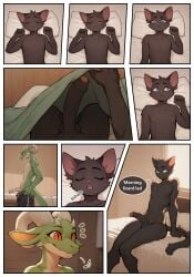 ai_assisted ai_generated anthro bedding big_penis black_body black_fur blanket blue_eyes comic comic_page domestic_cat duo erection felid feline felis foreskin fur genitals green_body green_scales half-erect happy hi_res jack_the_kobold kobold male mammal nonimousmate nude nudity penis red_eyes scales shy tom_the_cat uncircumcised under_blanket waking_up