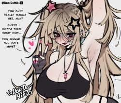1girls armpits arms_up choker dokidomiki eyebags female freckles gyaru knife miki_(dokidomiki) ripped_clothing scar smile smirk smug solo thick_thighs thighhighs thighs tummy twintails yandere