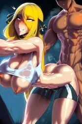 1boy 1girls abs ai_generated bare_breasts big_breasts big_penis blonde_hair breasts cynthia_(pokemon) female fit_female game_freak gigiti large_breasts long_hair looking_pleasured male male/female male_penetrating muscles muscular muscular_female muscular_male nintendo nipples penetration penile_penetration penis penis_in_pussy pleasure_face pokemon pokemon_champion pokemon_dppt pokemon_trainer pussy sex sex_from_behind sweat vaginal_penetration