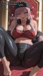 1girls ai_generated backwards_hat bare_shoulders barefoot baseball_cap black_headwear black_jacket black_pants blue_eyes blue_nails blush breasts cameltoe chair cleavage collarbone feet hat headphones headphones_around_neck heart heart-shaped_pupils holomyth jacket jewelry large_breasts leggings legs long_hair looking_at_viewer midriff mori_calliope nail_polish navel necklace off_shoulder open_jacket pants pink_hair red_sports_bra sideboob sitting smile solo sports_bra spread_legs stomach sweat symbol-shaped_pupils thighs tight_clothes tight_pants toenail_polish toenails toes tongue tongue_out totalsaki virtual_youtuber yoga_pants
