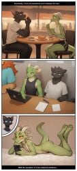 absurd_res ai_assisted ai_generated anthro ass black_body black_fur blue_eyes bodily_fluids bored_expression claws clothing comic comic_page computer domestic_cat duo eating feet felid feline felis food fur furniture green_body green_scales hi_res horn jack_the_kobold kobold laptop lion lying male male/male mammal nonimousmate nude pantherine paper phone public red_eyes restaurant scales school shirt sitting sweat table tom_the_cat topwear