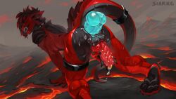 1boy absurd_res anal anal_penetration anal_sex anthro aroused aroused_face ass black_scales black_skin bodily_fluids collar disembodied_penis dragon feet genital_fluids genital_piercing genitals hi_res jetera knot lava looking_pleasured male mythological_creature mythological_scalie mythology nude on_hands_and_knees penetration penis penis_piercing piercing precum red_body red_scales red_skin ribbed_penis scalie siarrg solo sweat tail translucent translucent_penis