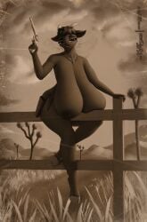 absurd_res anthro areola bathory_black_(therealnarrowjungle) big_breasts black_areola black_body black_fur black_hair black_lips black_nipples bovid breast_squish breasts buckteeth caprine cheek_tuft clearvision cloud detailed_background eyebrows eyelashes eyeliner facial_tuft female fence fencepost fetlocks fingers fur goat grass gun hair handgun hi_res hill holding_gun holding_handgun holding_object holding_pistol holding_ranged_weapon holding_weapon holster hooved_fingers hooves horn huge_breasts huge_filesize hyper hyper_breasts knife knife_sheath lips looking_at_viewer makeup mammal monochrome neck_tuft nipples nude nude_anthro nude_female ocular_prosthetic pinup pistol plant pose prosthetic raised_arm raised_weapon ranged_weapon red_eyes revolver sepia short_hair showing_teeth signature sitting_on_fence sitting_on_object smile smiling_at_viewer solo squish sunset teeth tree tuft weapon