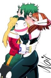 blush boku_no_hero_academia canon_couple clothed comic_cover grabbing_hips hand_on_head izuku_midoriya kissing my_hero_academia noirxtg ochako_uraraka pull_close reference reference_image romantic romantic_couple the_amazing_spider-man