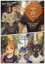 ai_assisted ai_generated anthro avian bill_(nonimousmate) bodily_fluids comic comic_page dialogue domestic_cat embarrassed felid feline felis gecko greg_(nonimousmate) group head_bump hi_res jack_the_kobold kobold lion lizard male male/male mammal max_(nonimousmate) nonimousmate outside pantherine reptile scalie tears tom_the_cat walking
