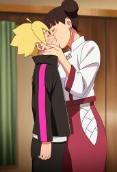 accurate_art_style age_difference ai_generated boruto:_naruto_next_generations clothed female height_difference kiss kissing naruto_(series) tenten uzumaki_boruto