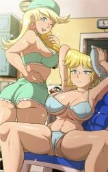 2girls big_breasts bikini blonde_hair blue_eyes breasts female female_focus female_only huge_breasts leni_loud light-skinned_female light_skin long_hair lori_loud micro_bikini nickelodeon siblings sister sisters spread_legs the_loud_house unmecorron