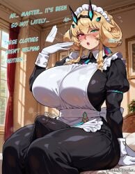 1futa 1girls ai_generated alternate_costume apron barghest_(gawain)_(fate) barghest_(swimsuit_archer)_(second_ascension)_(fate) biceps big_breasts big_penis black_dress blonde_hair blush breasts curvy dress english english_dialogue english_text erection erection_under_clothes fate/grand_order fate_(series) futanari gloves green_eyes hair_up heterochromia huge_breasts intersex large_breasts large_penis long_sleeves looking_at_viewer maid maid_headdress maid_uniform muscular muscular_female nbaghu official_alternate_costume penis red_eyes solo solo_focus thick_thighs