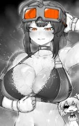 2girls absurdres ahoge animal_ears bare_shoulders black_hair breasts chibi cleavage crop_top eyepatch fake_animal_ears female gloves goggles goggles_on_head grace_howard greyscale hair_between_eyes highres huge_breasts koleda_belobog long_hair monochrome multiple_girls navel niwarhythm orange_eyes sharp_teeth sports_bra spot_color sweat teeth unzipping very_sweaty zenless_zone_zero zipper