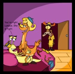 1girls 2boys anthro banana_slug bed breasts camp_lazlo cartoon_network cuckold duo_focus english_text female icykamek indoors interspecies jane_doe male moose scoutmaster_lumpus sex slinkman slug straight tagme text toony