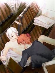 2boys allen_walker black_shirt blush book books cum d.gray-man earrings grey_eyes lavi library licking lowres male multiple_boys open_clothes open_shirt pants_around_one_leg red_hair shelves sitting tattoo tongue undressing white_hair yaoi